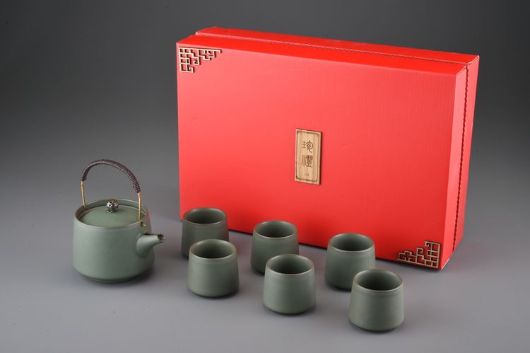 草綠釉提樑壺6直筒大杯禮盒