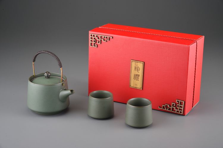 草綠釉提樑壺2直筒大杯禮盒